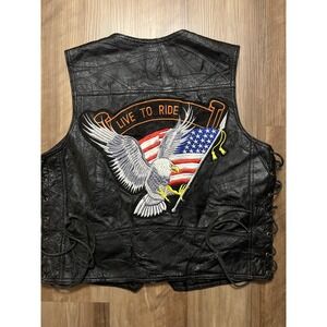 Live To Ride Leather Vest Mens Large Black Eagle American Flag Biker Motorcycle